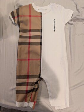 BURBERRY Baby Lennox Half Vintage Check Romper Playsuit White Tan 18M